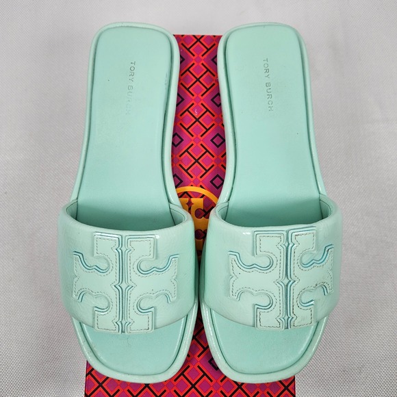 Tory Burch Shoes - Tory Burch Double T Sport Slide Caribbean Mist Green Patent Leather 141380 8.5